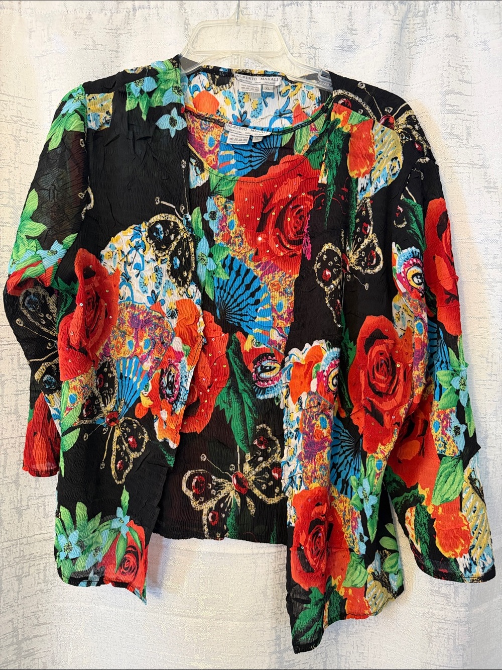 Alberto Makali Black Floral Open Jacket with Red Roses and Multicolor Accents